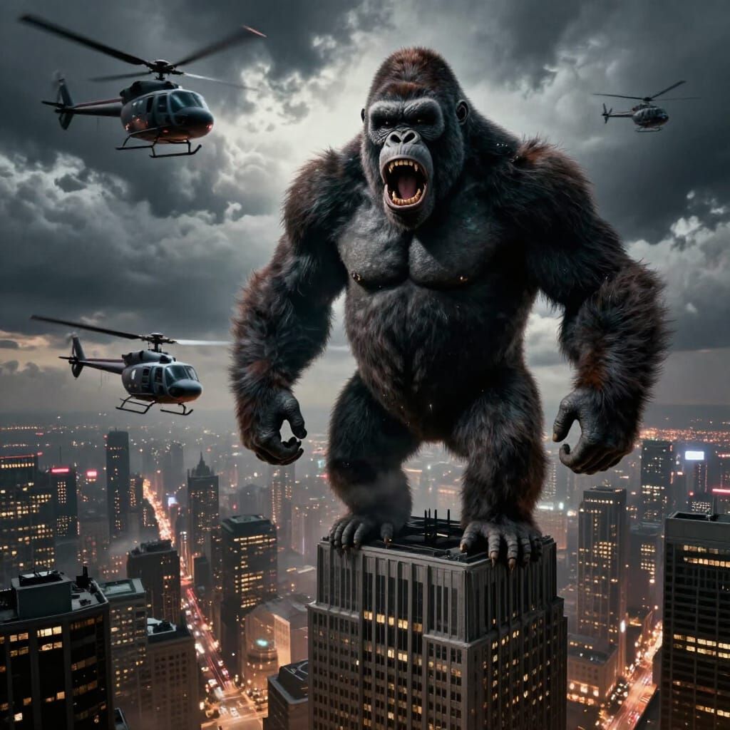 Colossal Ape Roars Atop Skyscraper in Dramatic Storm