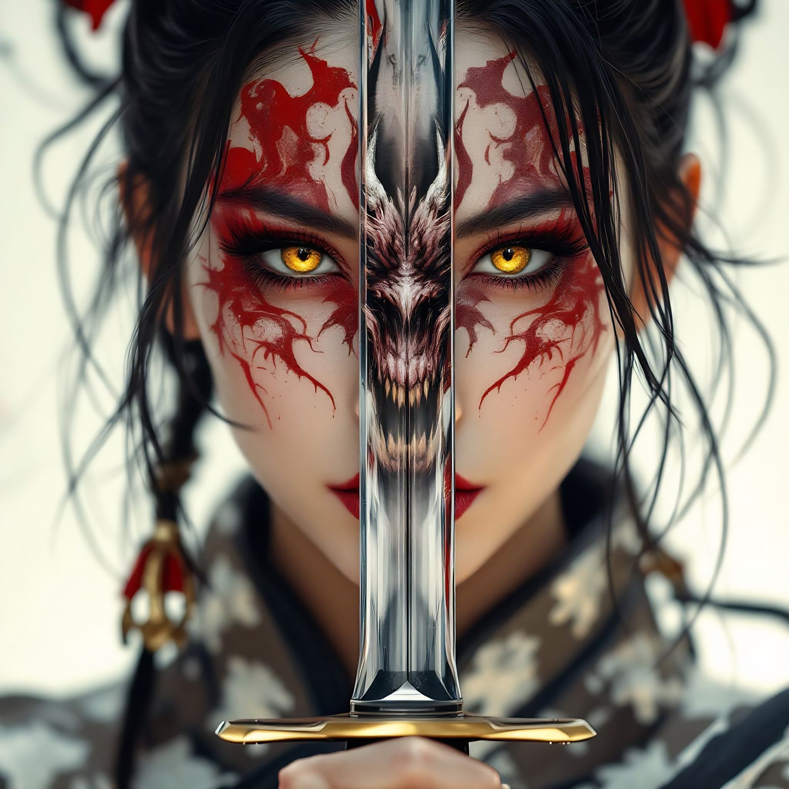Fierce Japanese Warrior Reflects Demon in Katana