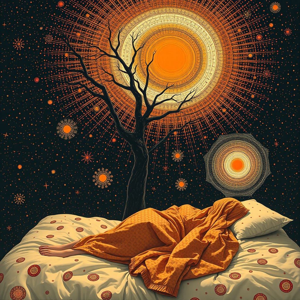 Spiritual and Scientific Abstract Art with Tree and Warm Con...