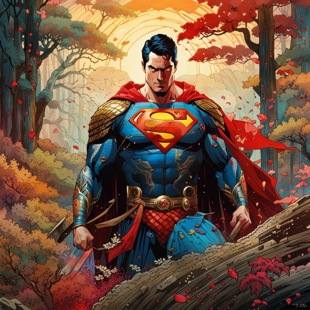 Superman as Samurai in Watercolor Style