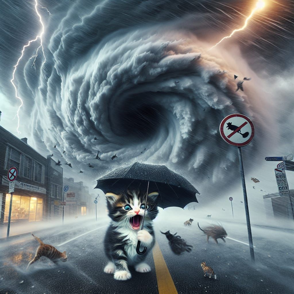 Kitten Caught in Storm Clutches Umbrella