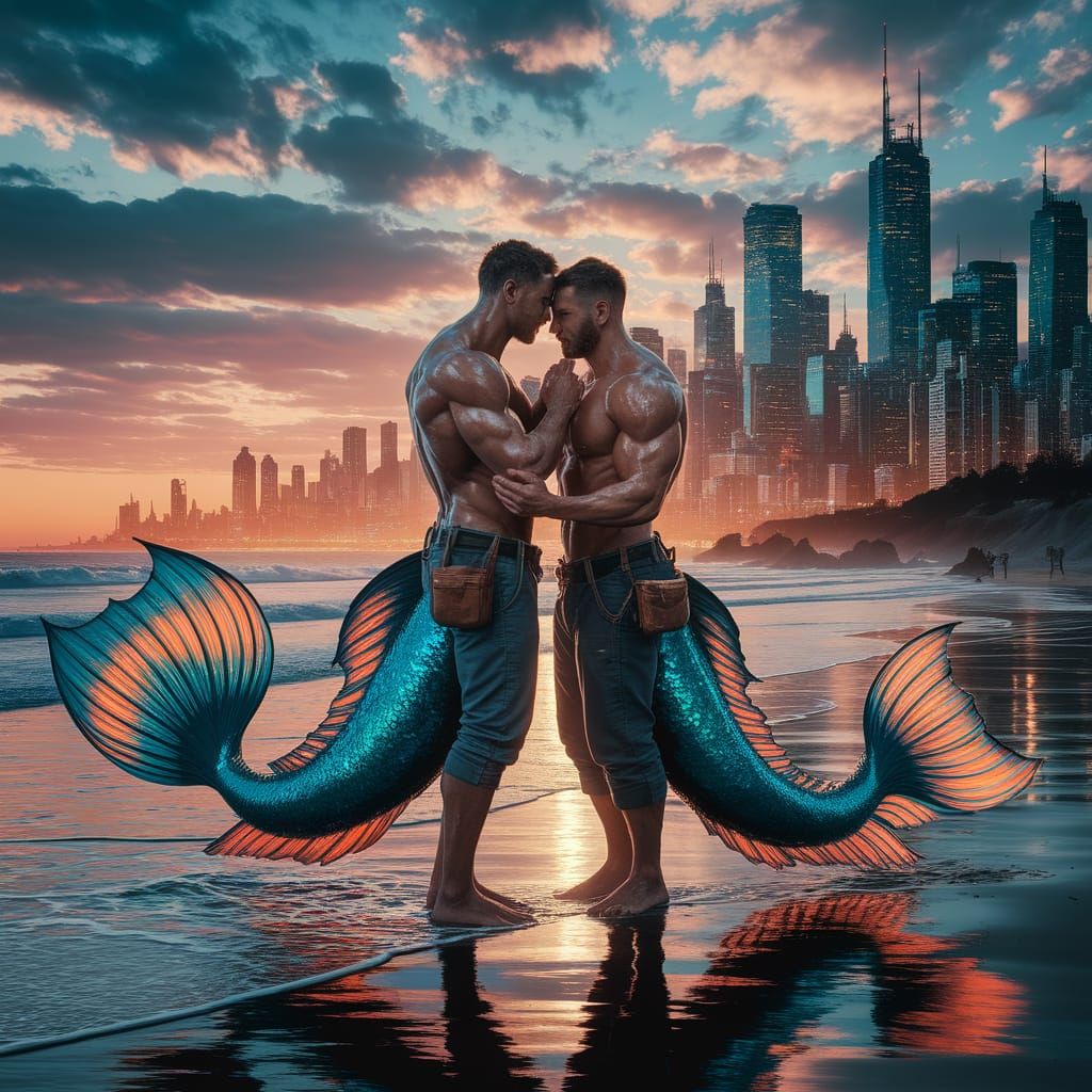 Mermen Construction Workers Embrace: Hyperrealistic Digital ...