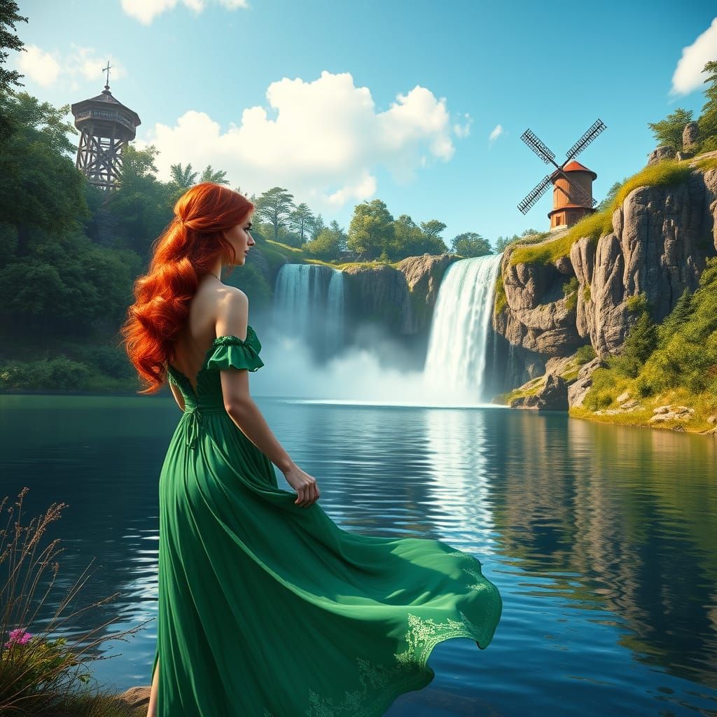Emerald Goddess of Wonder in Dreamlike Landscape