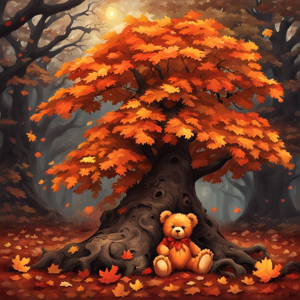Orange Teddy Bear with Autumn Leaves