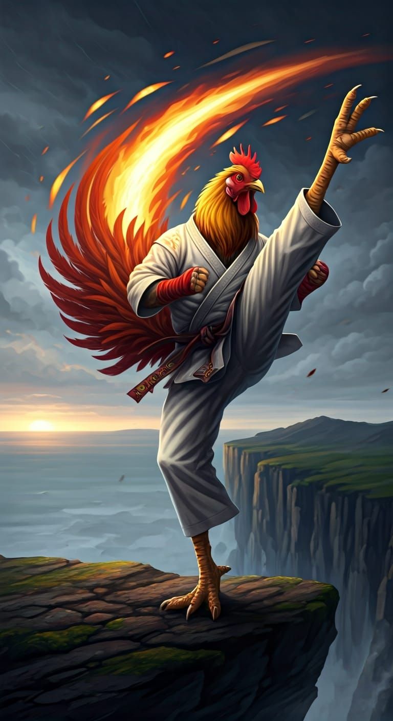 Karate Master Chicken Cyclone Kick in Cliffside Dojo