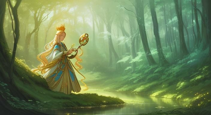 Gaia in Forest: Fantasy Art with Golden Crown