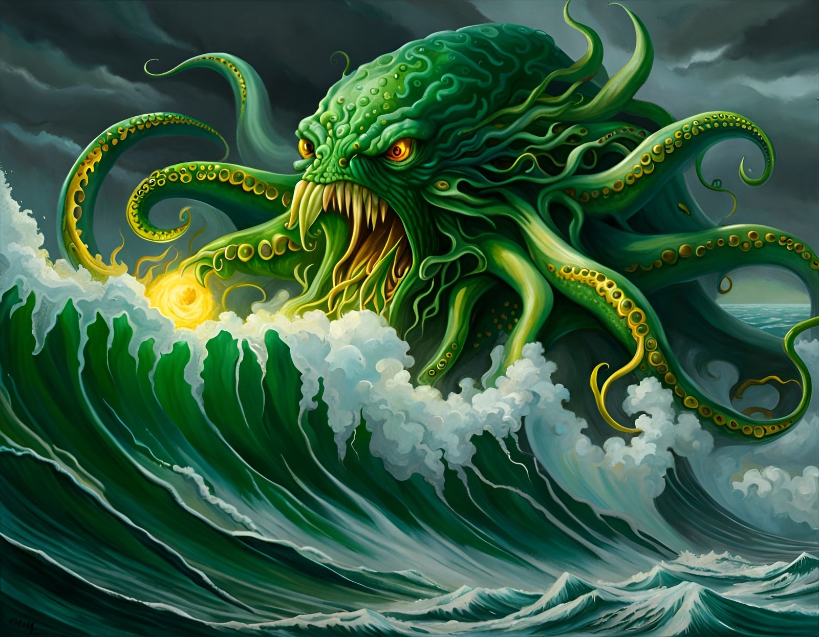Cthulhu Monster Rising from Stormy Sea