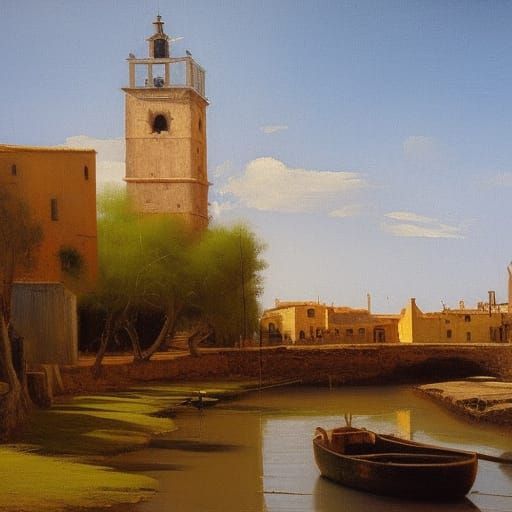 Charming Spanish Town Landscape, Oil Painting
