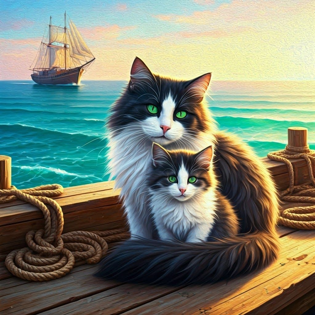 Cat and Kitten at Sunrise in Impasto Style