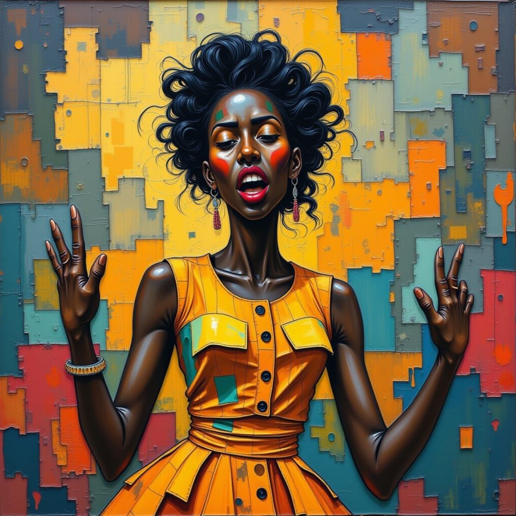 Retro Woman Singing, Bold Brushstrokes in Portrait Style