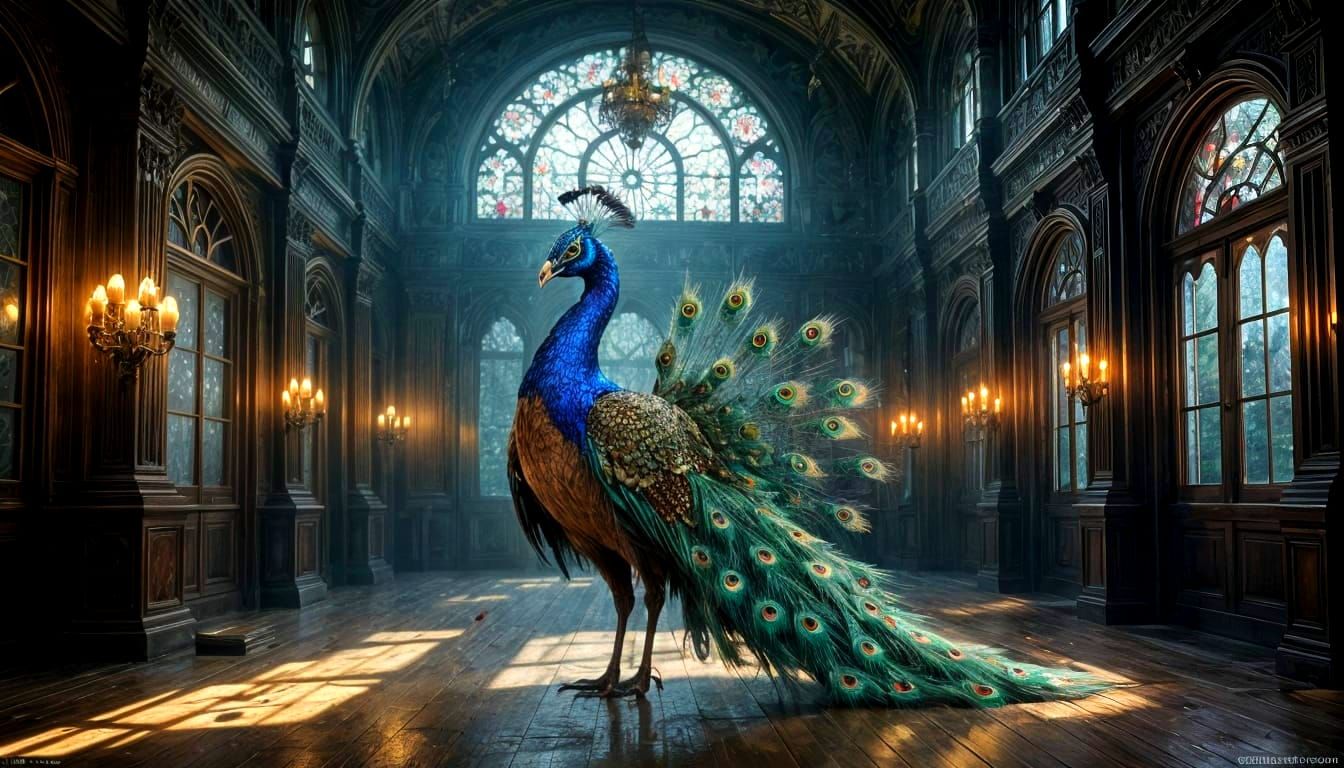 Clockwork Peacock in Deserted Victorian Ballroom