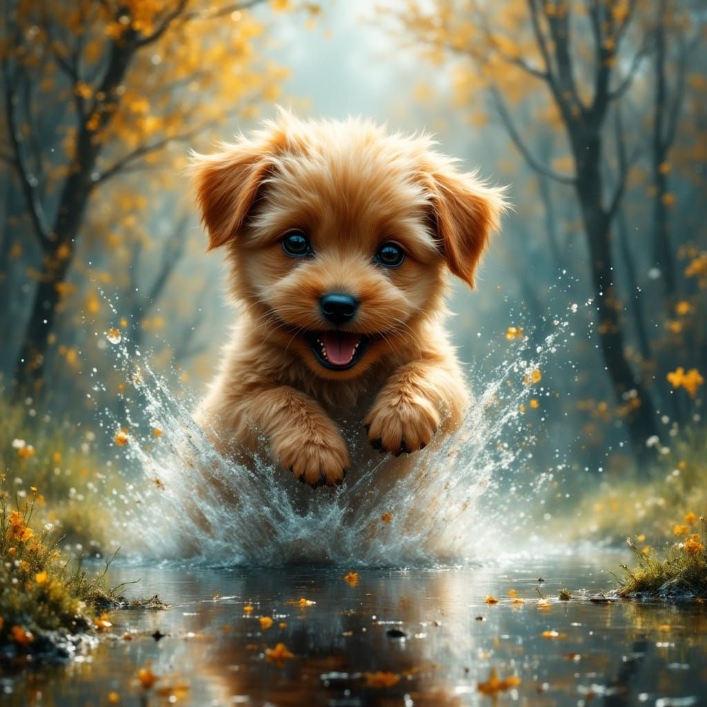 Ethereal Puppy Jumps in Spring Puddle