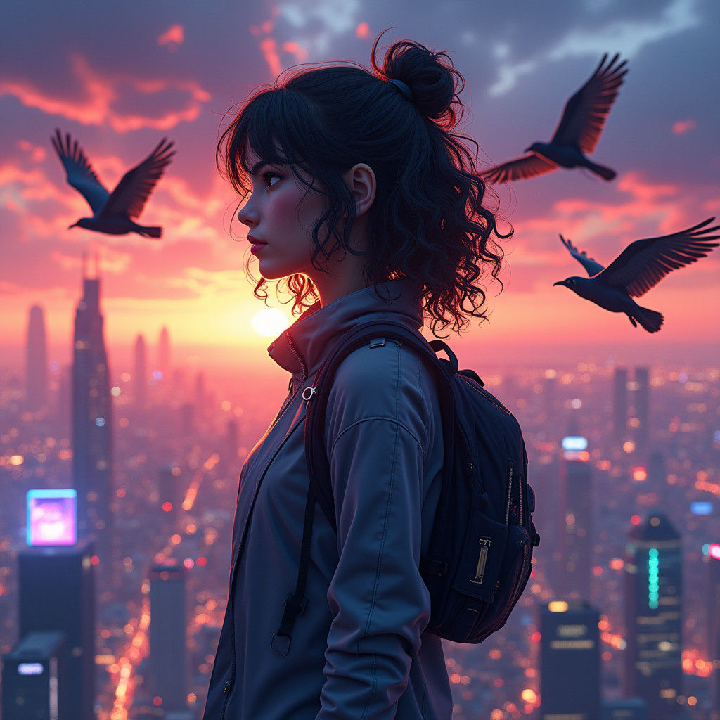Futuristic Cityscape: Woman in Profile at Sunset