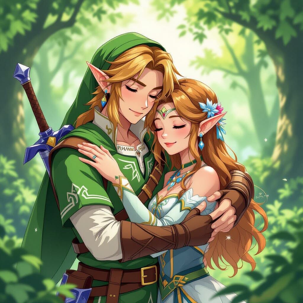 Forest Deity Embraces Companion in Lush Zelda Scene