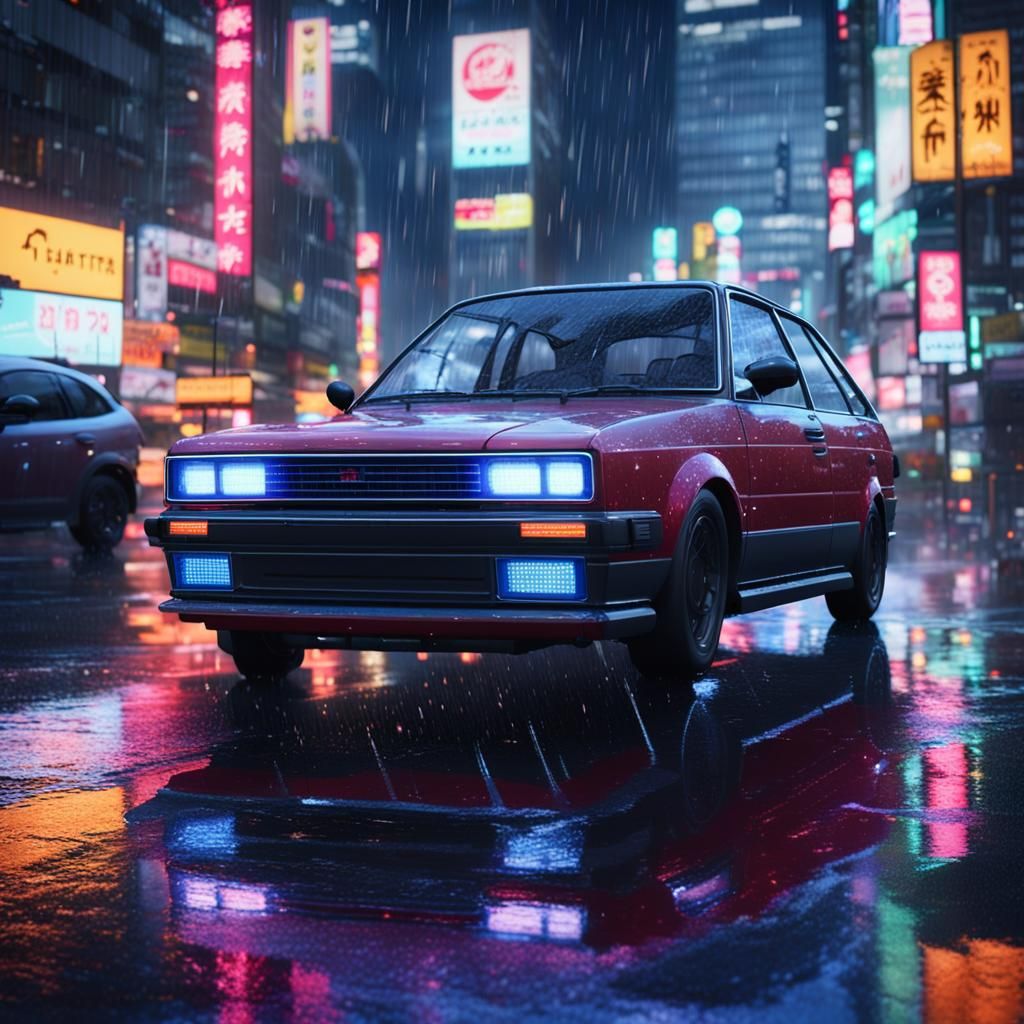 Car in Rainy Tokyo Neon Lights, 8K Realism
