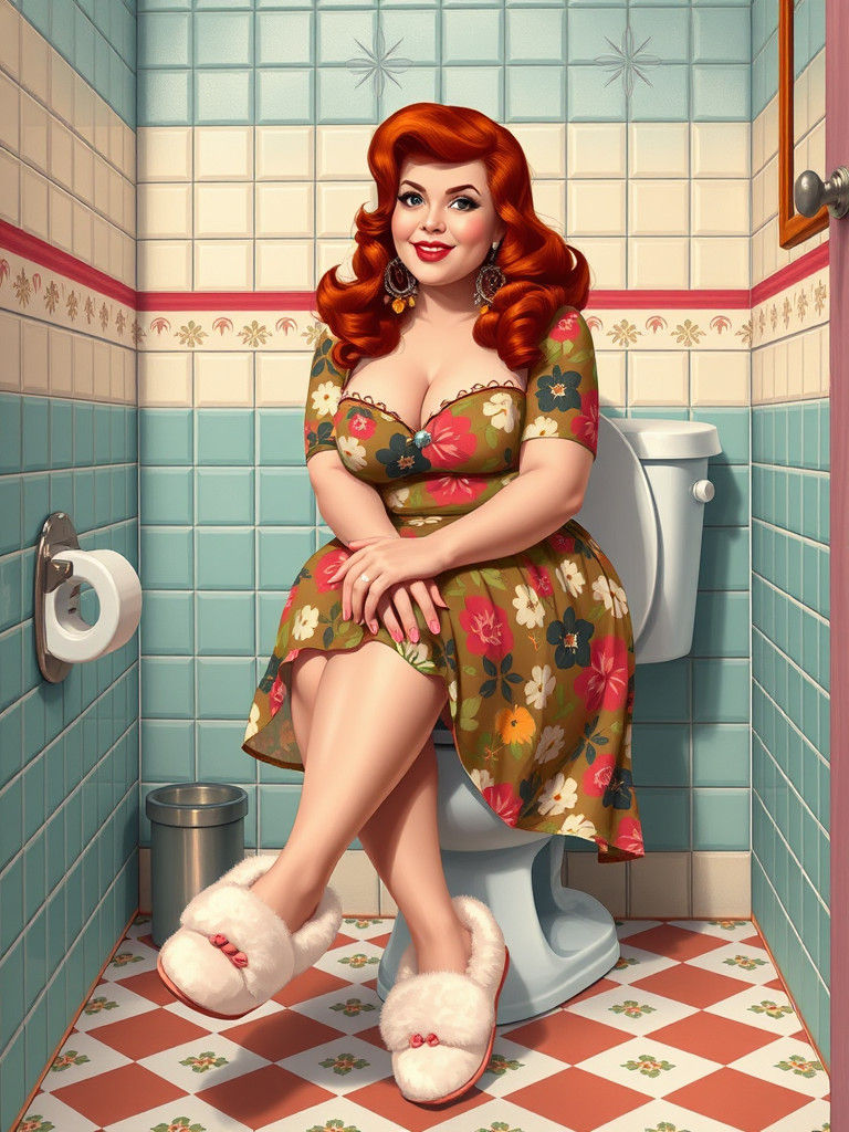 Retro Pin-Up: Redhead on a Vintage Toilet