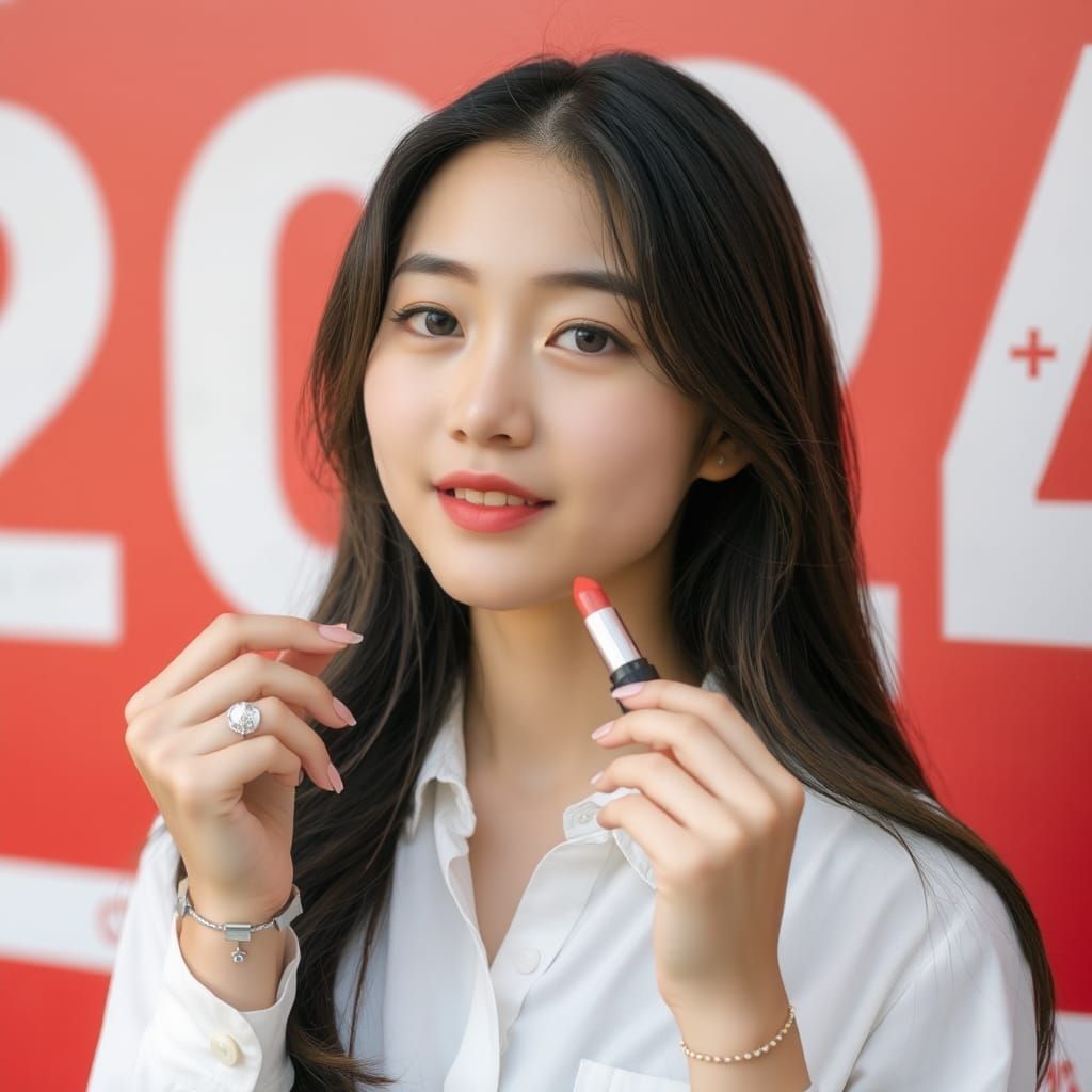 Young Asian Woman with Lipstick on Red 2024 Background