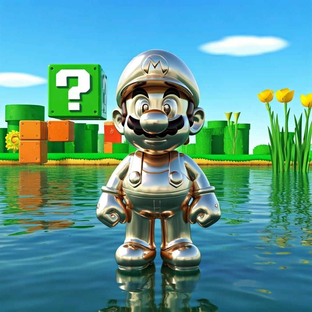 Shiny Metal Mario in Retro Futuristic Serene Pond Scene