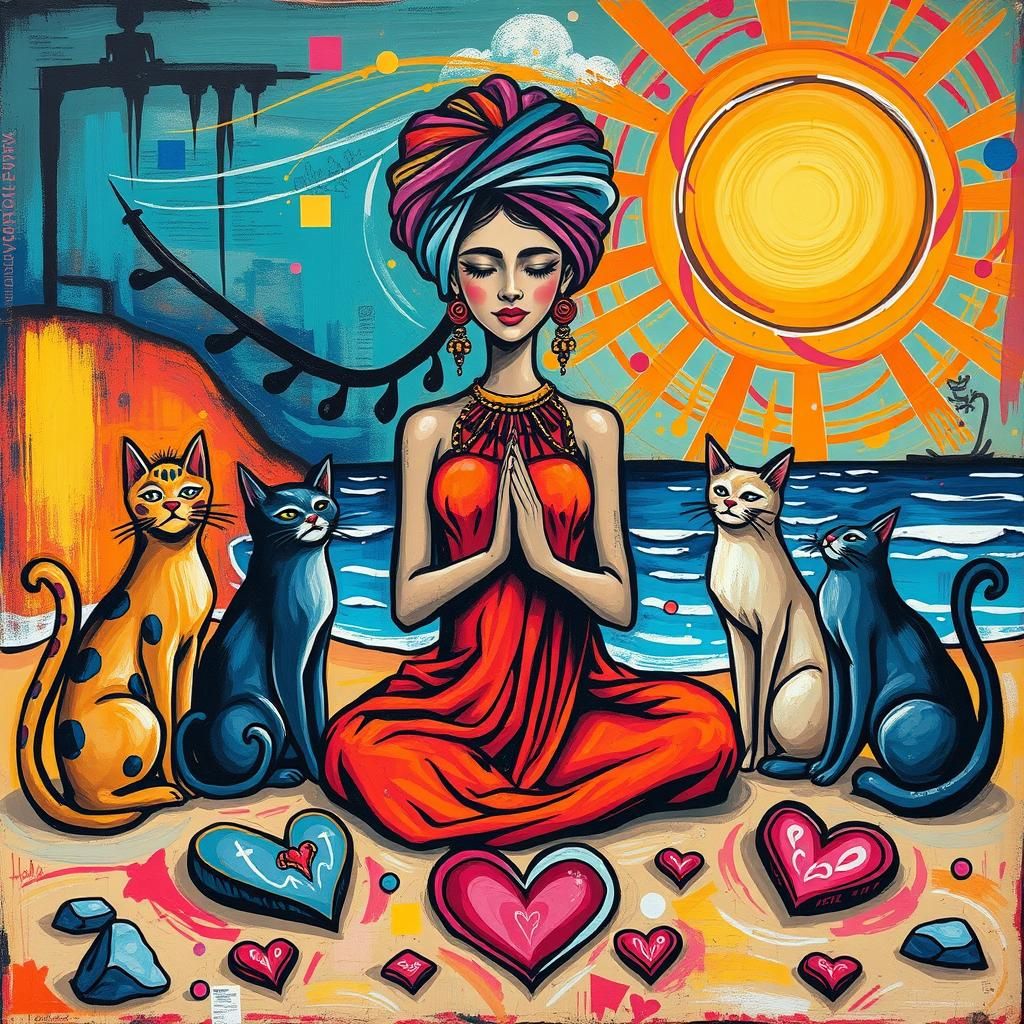 Mystical Woman with Cats: Street Art Beach Scene