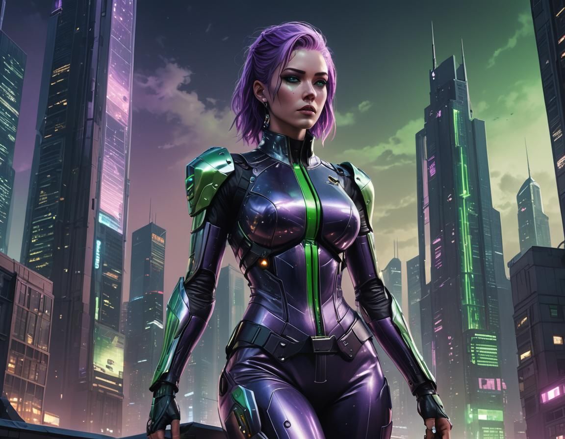 Cyberpunk Girl in Futuristic Cityscape at Night