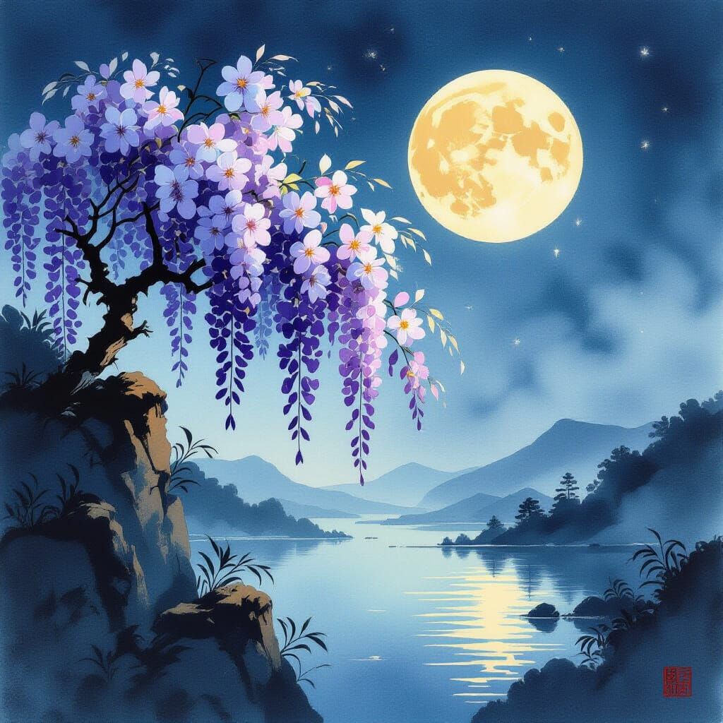 Japanese Wisteria in Moonlight: Shin Hanga Style