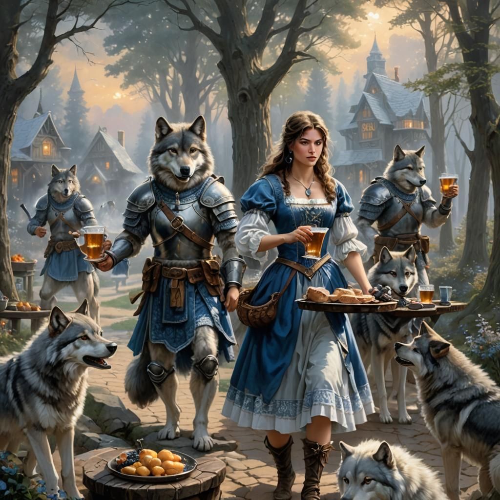 Timber Wolf Wench Serves Mead to Soldiers