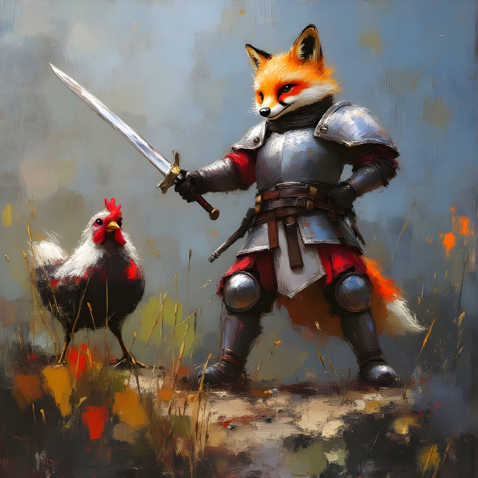 Fox Knight Sword Fight: Impasto Painting