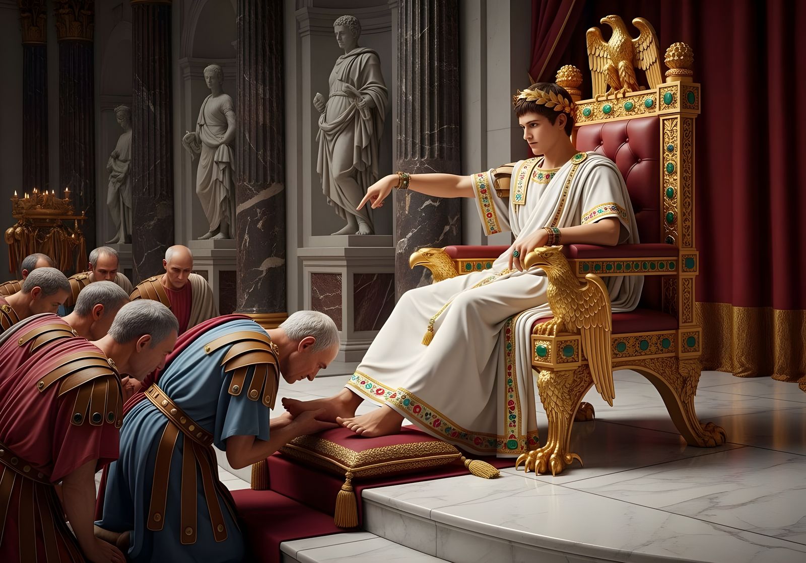 Emperor Nero on Lavish Throne in Baroque Style