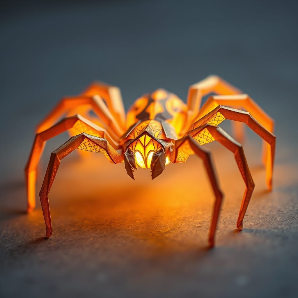 Surreal Origami Spider Blazes with Golden Light