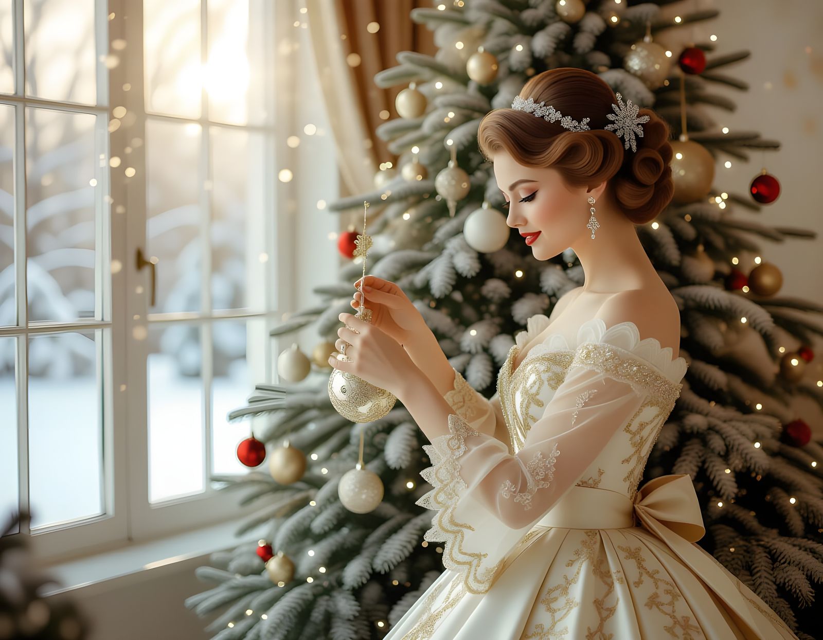 Woman Decorates Christmas Tree in Maximalist Digital Paintin...