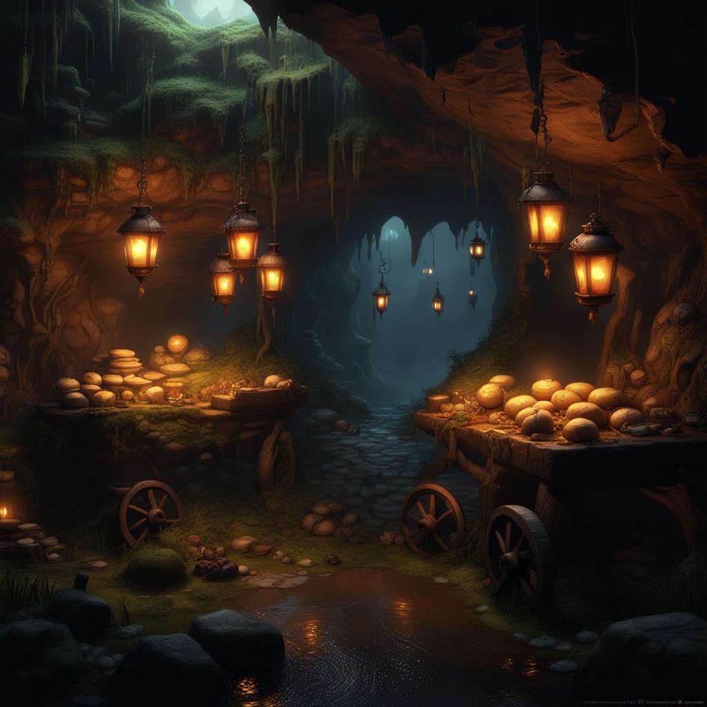 Goblins Inspecting Cheese Cart in Cave