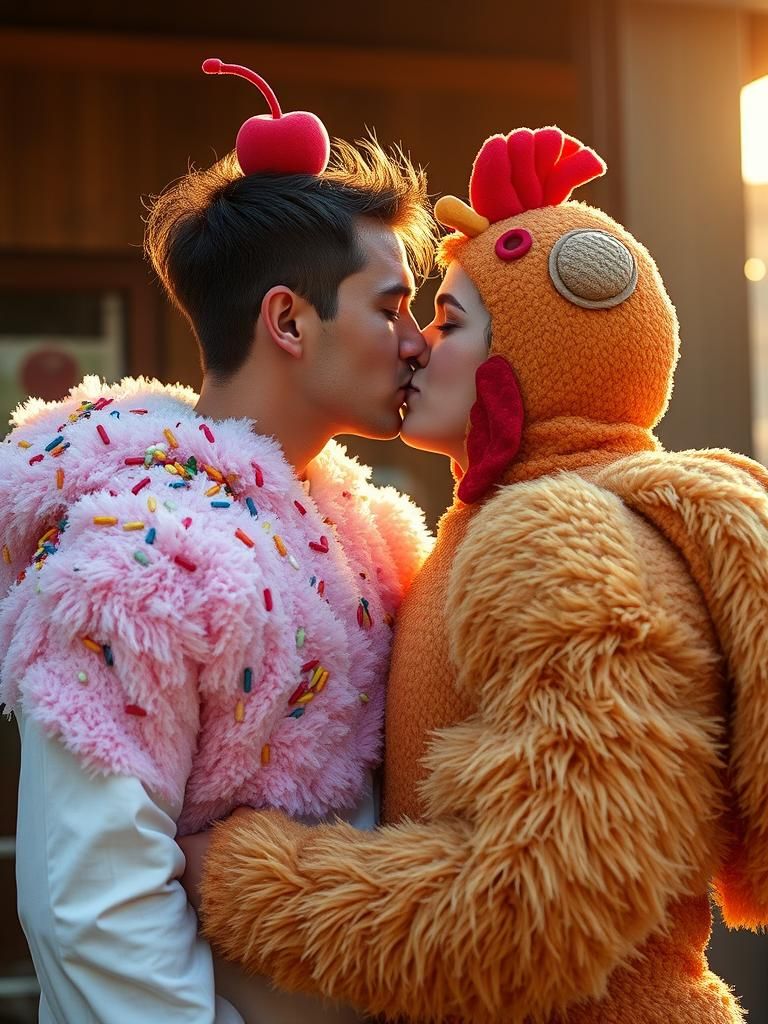 Sundae Woman Kisses Chicken Man in Dreamlike Photo