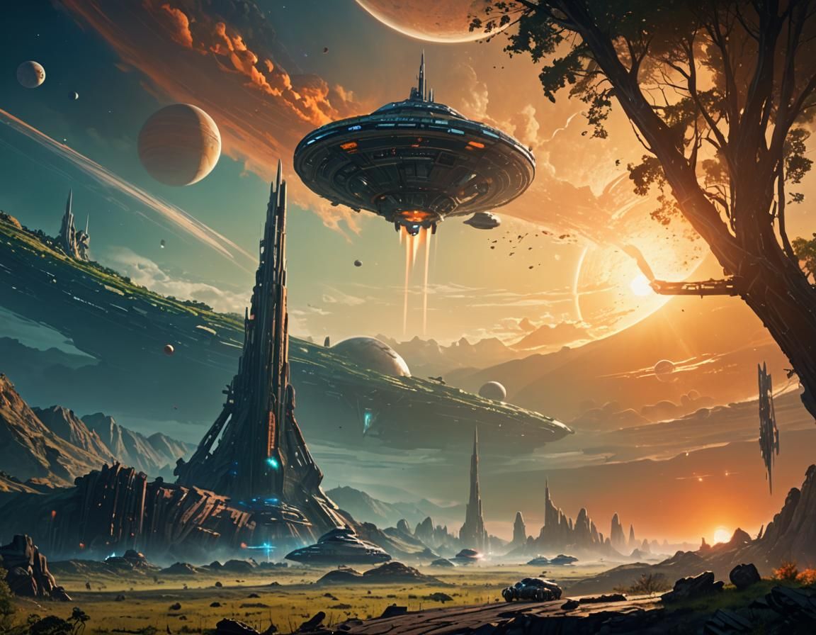 Starship Lands on Alien Planet in Oil Painting Style