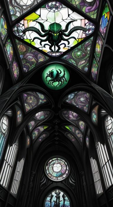 Lady Cthulhu Stained Glass Mural in Giger Style