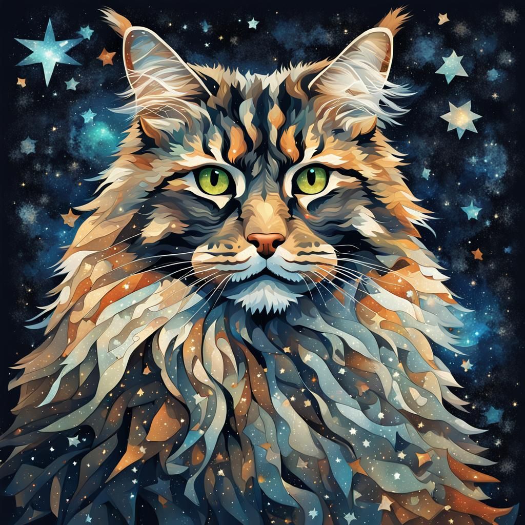 Starry Maine Coon Puzzle Collage in Surreal Style