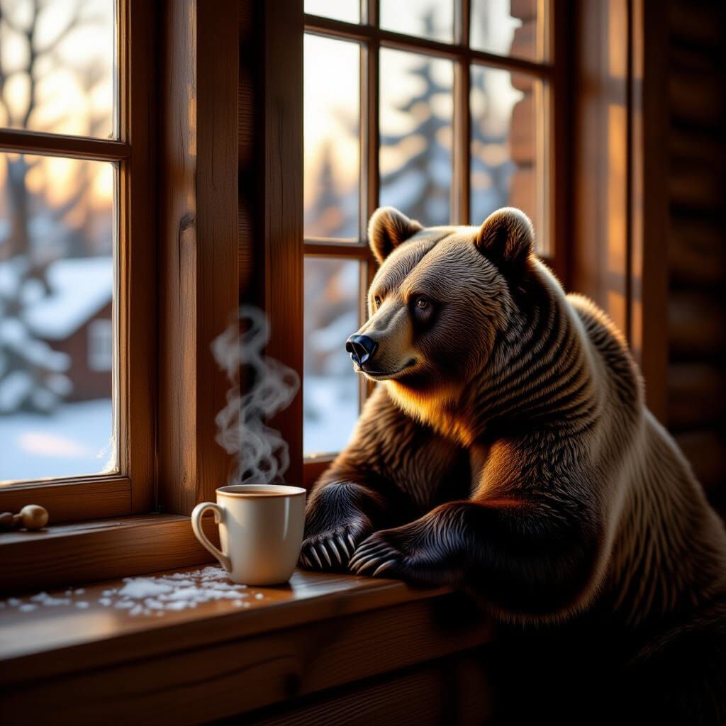 Hyperrealistic Bear Contemplates Cocoa by Cozy Cottage Windo...