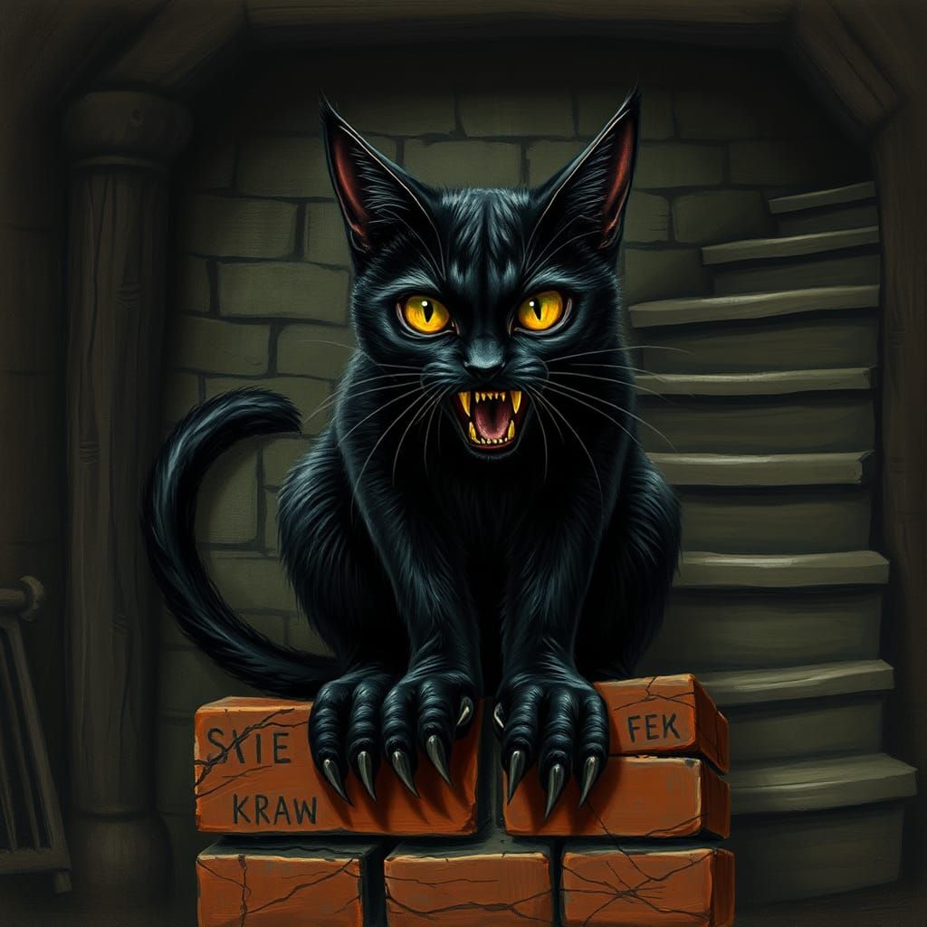 Menacing Black Cat in Moldy Cellar: Surreal Image