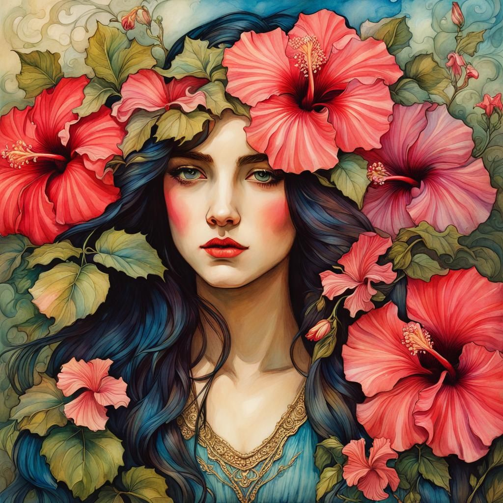 Detailed Hibiscus Flower in Flowing Alcohol Ink