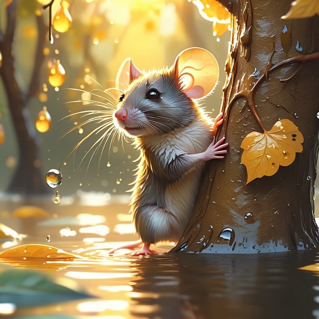 Mouse Escapes Flood in Dreamy Watercolor Style