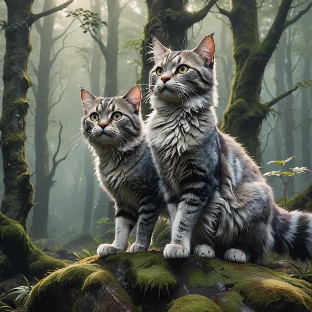 Energetic Cat in Misty Forest, Digital Matte Painting