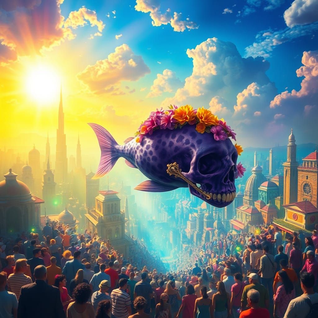 Dreamlike Cityscape with Mystical Fish and Skull
