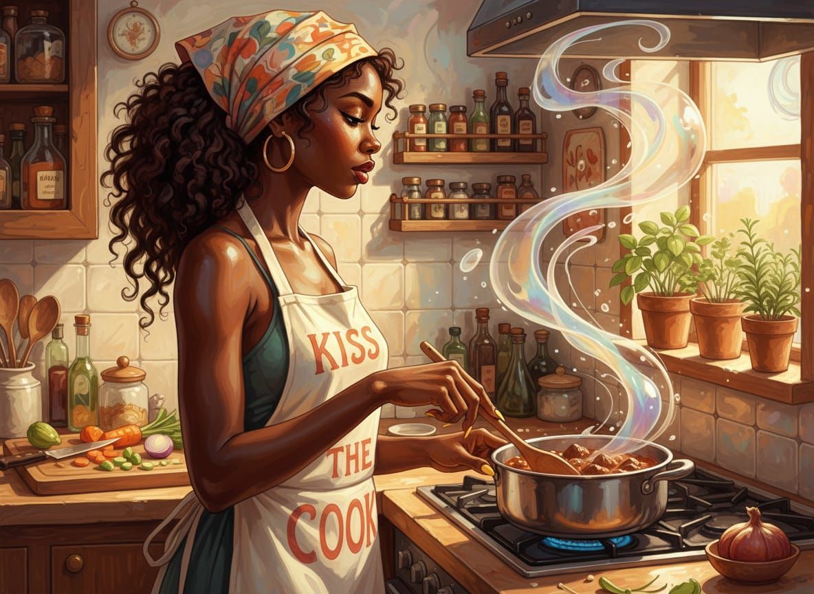 Black Woman Cooking Stew in Bright Kitchen