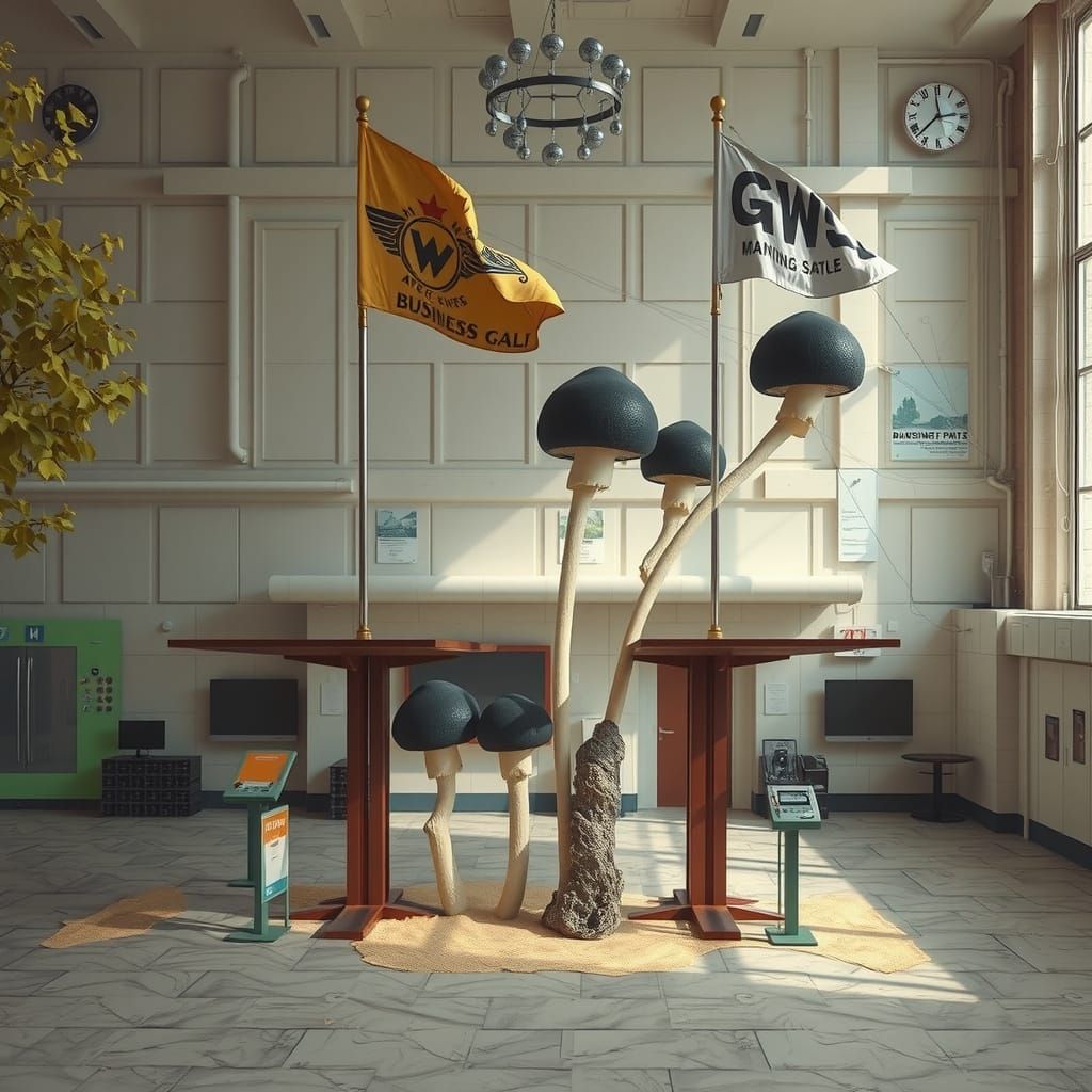 Mushroom Flags in Hazy District, Black and White Photography