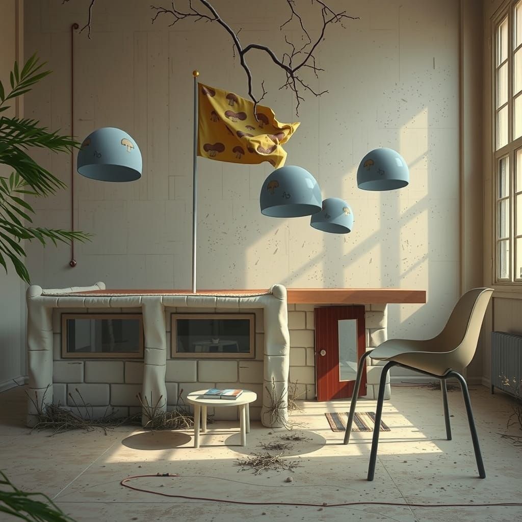 Modernist Chewing Gum Bungalow with Mushroom Flags