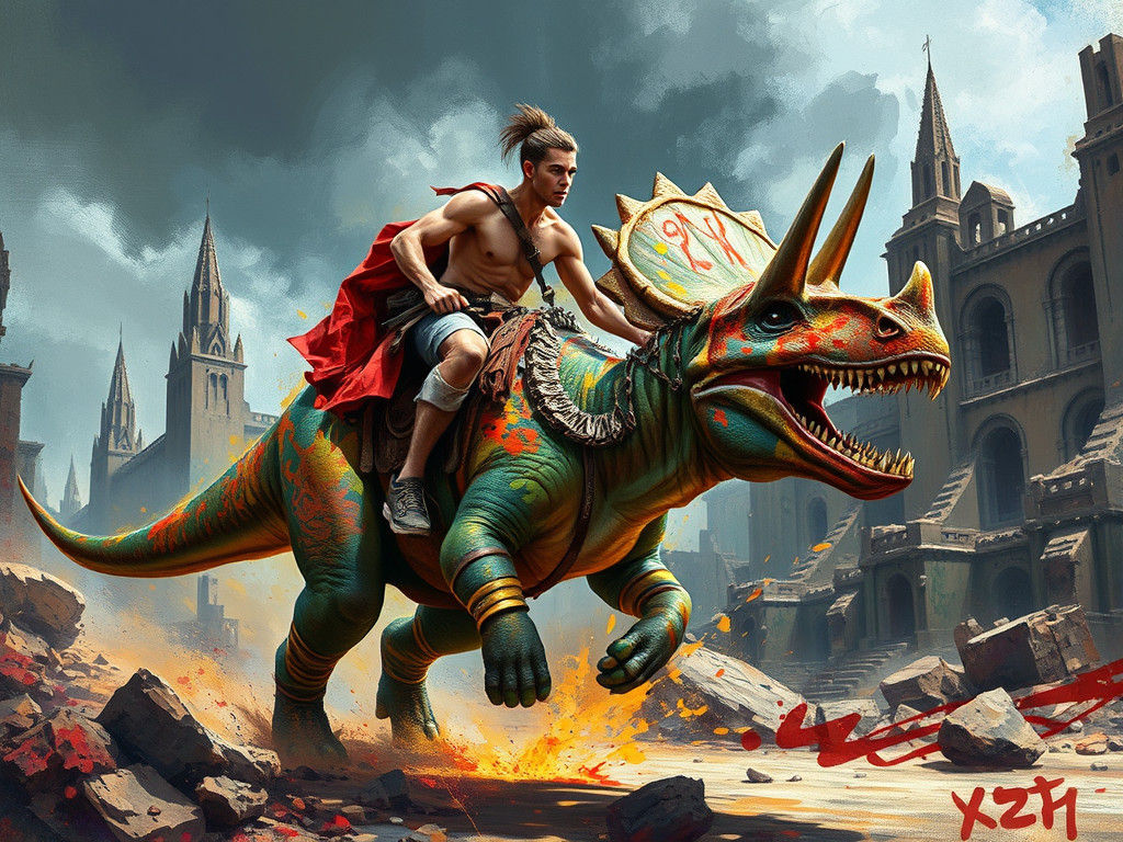 Surreal Warrior Rides Triceratops into Abandoned City in Vib...