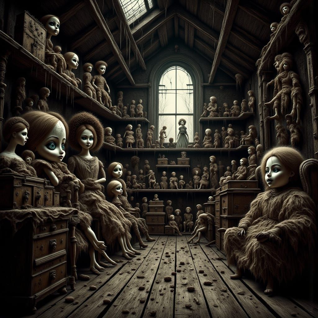 Creepy Antique Dolls in Dimly Lit Gothic Attic
