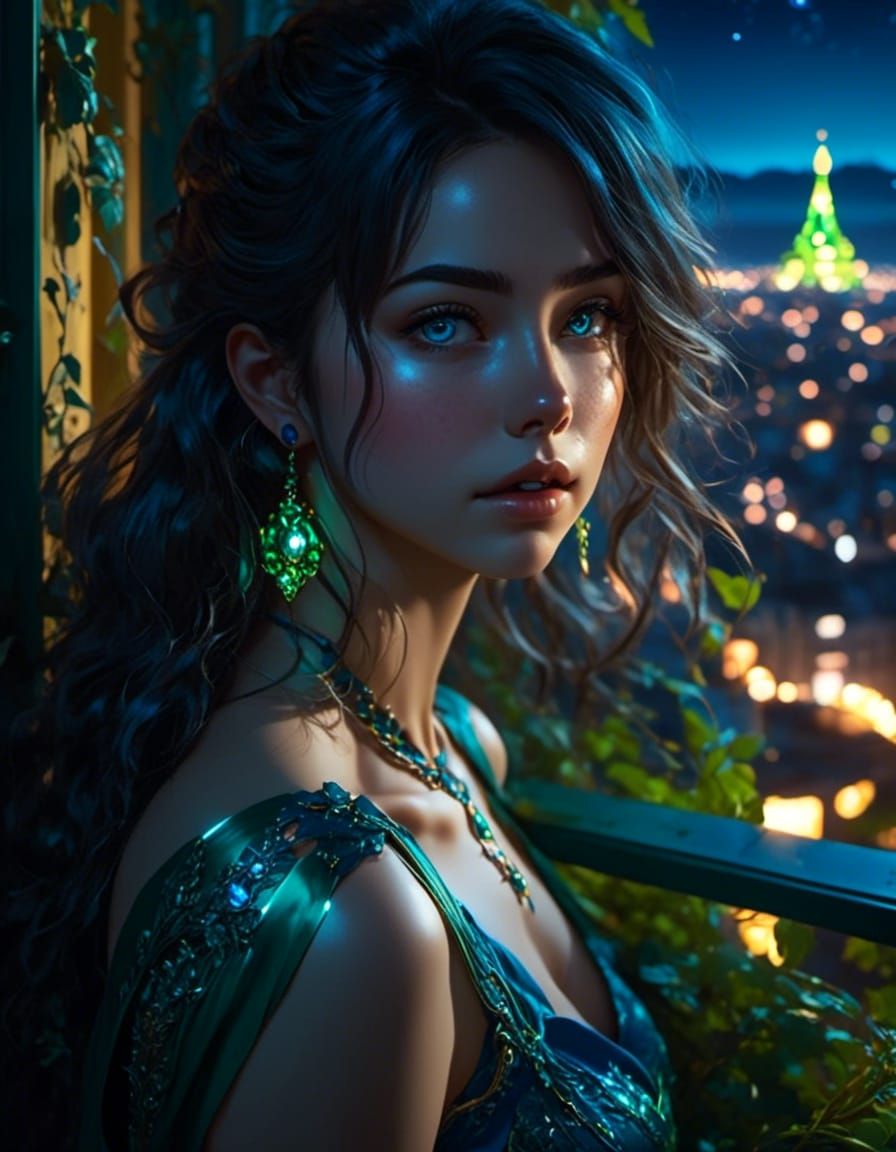 Realistic Freckled Woman on Overgrown Balcony at Night