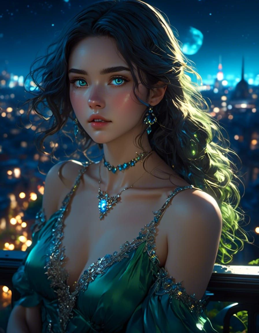 Freckled Woman on Balcony at Night in Anime Realism
