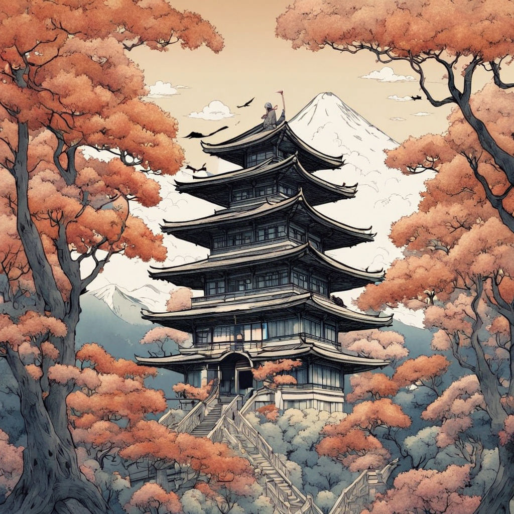 Medieval Samurai Knight Amidst Cherry Blossoms and Autumn Tr...