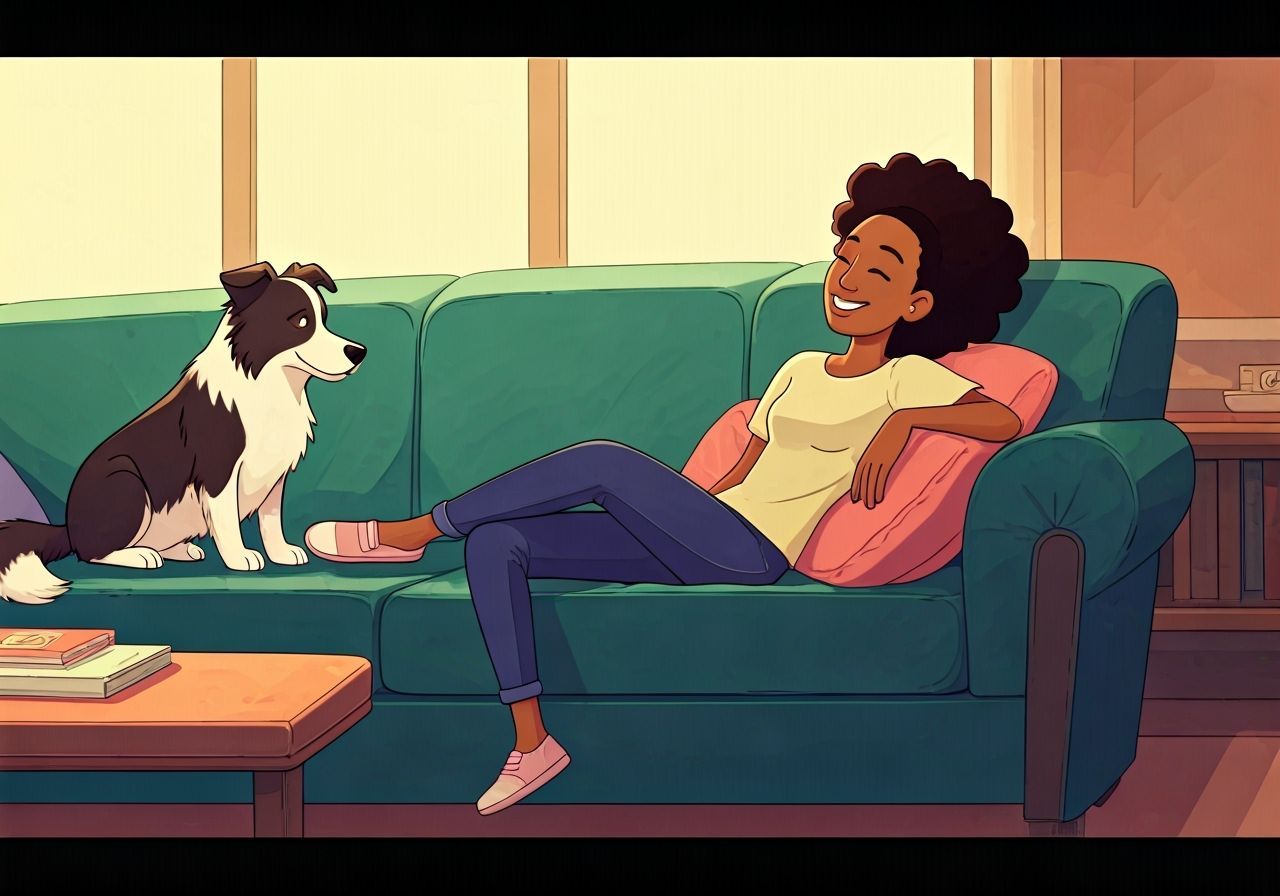 African-American Woman Relaxing With Border Collie in Cartoo...